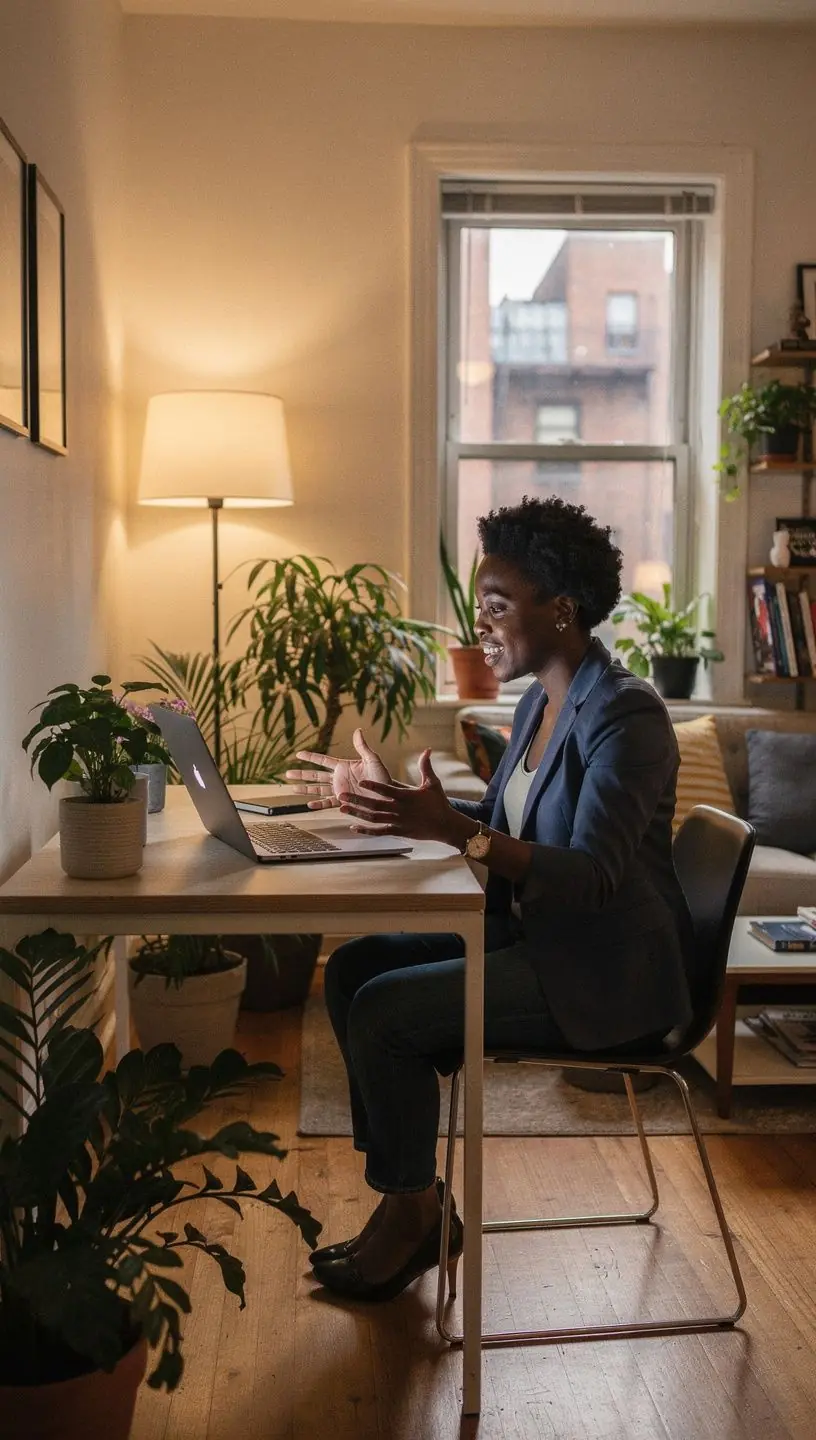 Sypialnia w małym apartamencie z wbudowanymi szafami i ciepłym światłem.