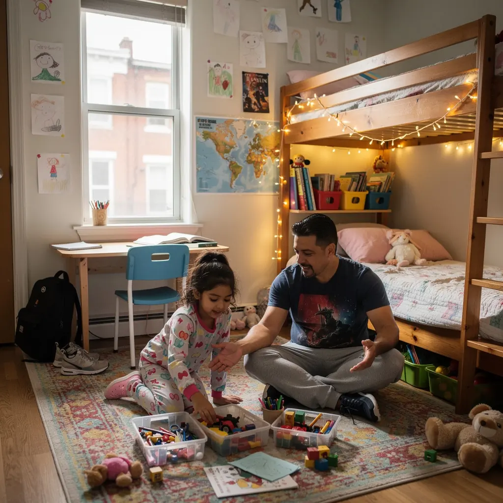 Stylowy kącik do relaksu w małym mieszkaniu, z funkcjonalnymi meblami i przyjemnym światłem.