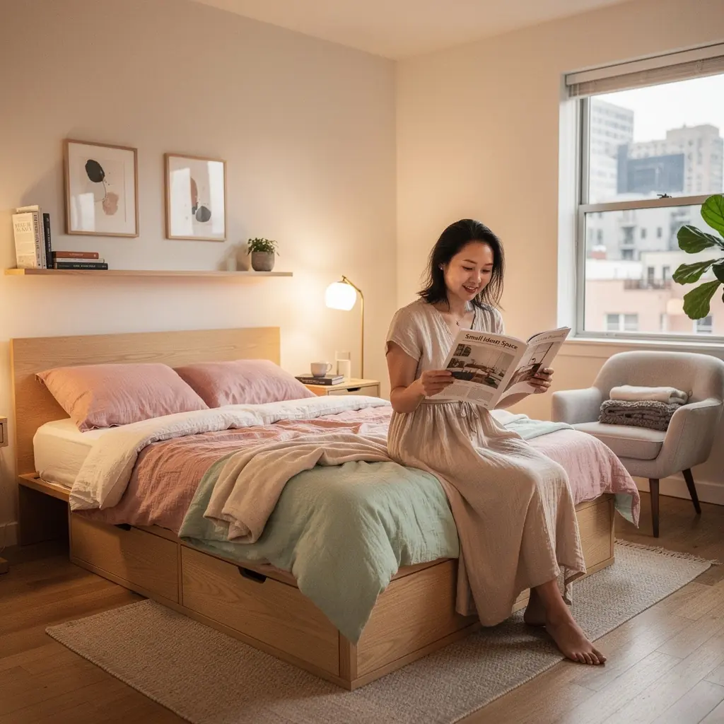 Przestronny korytarz z eleganckim oświetleniem i ukrytymi półkami na książki.