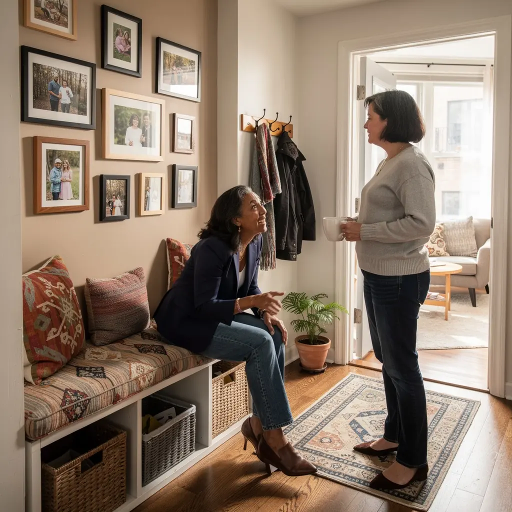 Stylowa łazienka z inteligentnymi rozwiązaniami do przechowywania kosmetyków i akcesoriów.