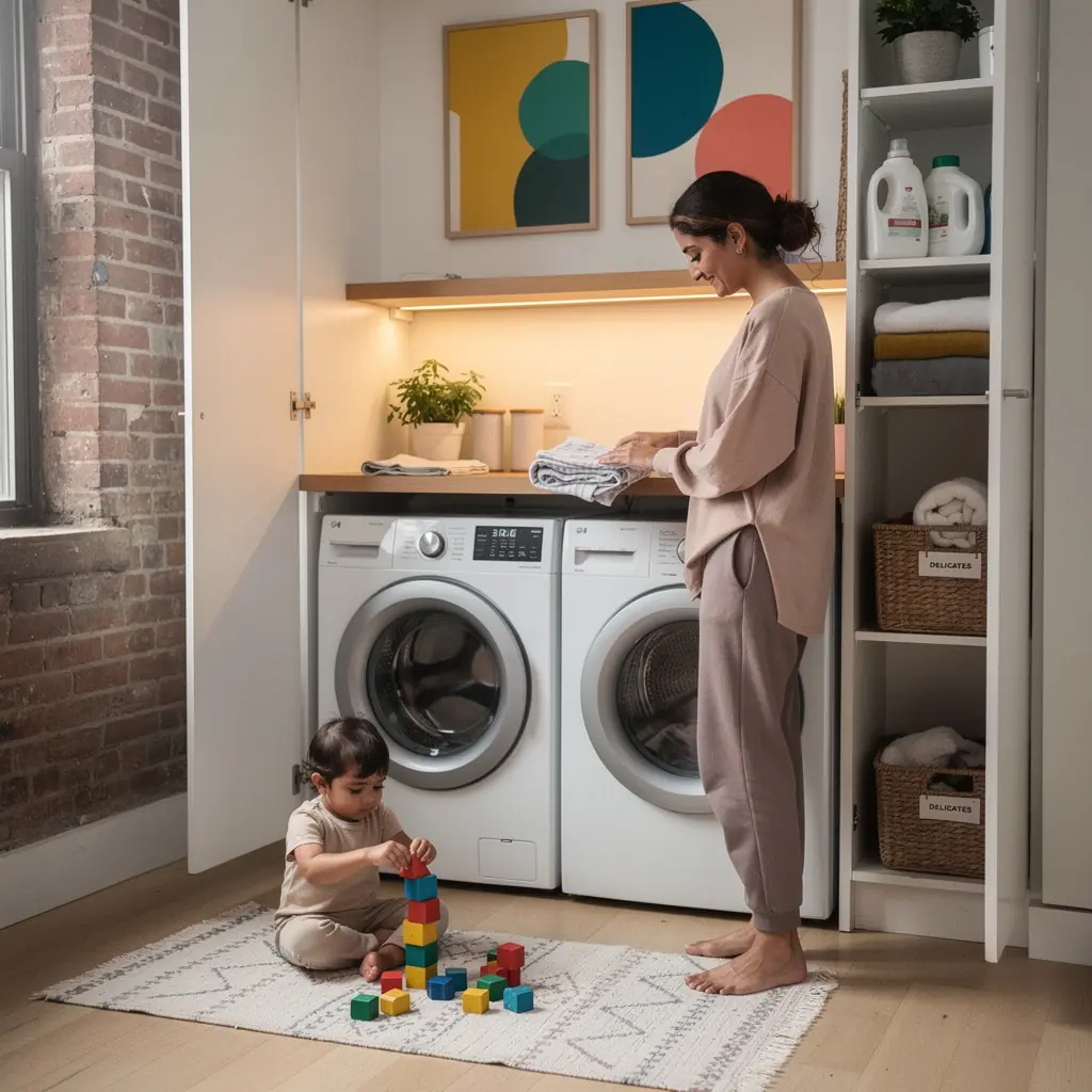 Nowoczesny salon w małym mieszkaniu z inteligentnymi rozwiązaniami przechowywania.